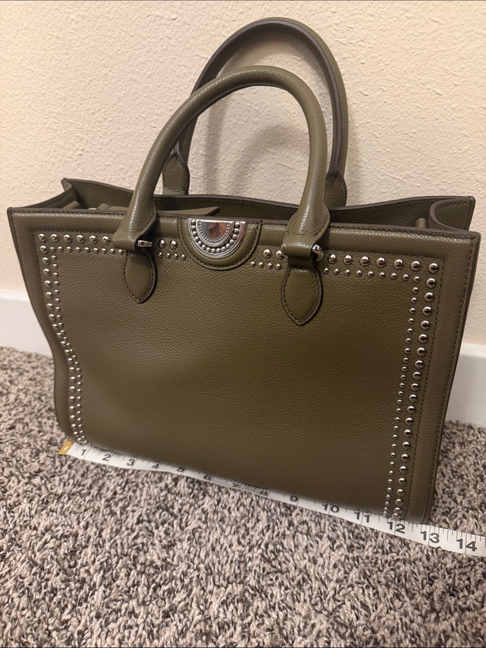 Brighton Studded Olive Green Leather Handbag with Crossbody Strap - Picture 14 of 16